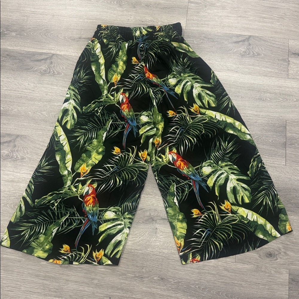 New York & Company Palazzo Wide Leg Tropical Palm Green Women’s Pants Medium